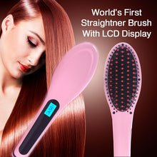 Electric Hair Straightener Brush LCD Ion Anti-Scald Comb Auto Massager Pink