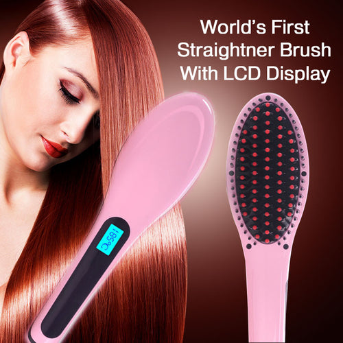 Electric Hair Straightener Brush LCD Ion Anti-Scald Comb Auto Massager Pink